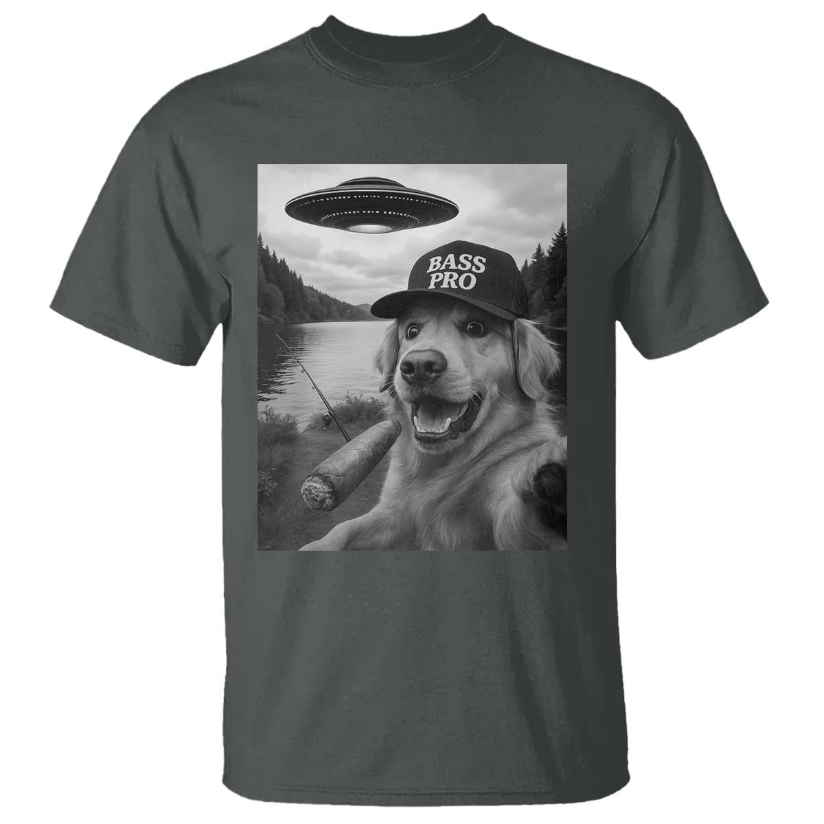 Dog Selfie With Alien UFO T Shirt Funny Fishing Golden Retriever Smoking Dog Lover TS10 Dark Heather Print Your Wear