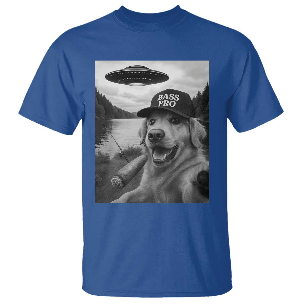 Dog Selfie With Alien UFO T Shirt Funny Fishing Golden Retriever Smoking Dog Lover TS10 Royal Blue Print Your Wear