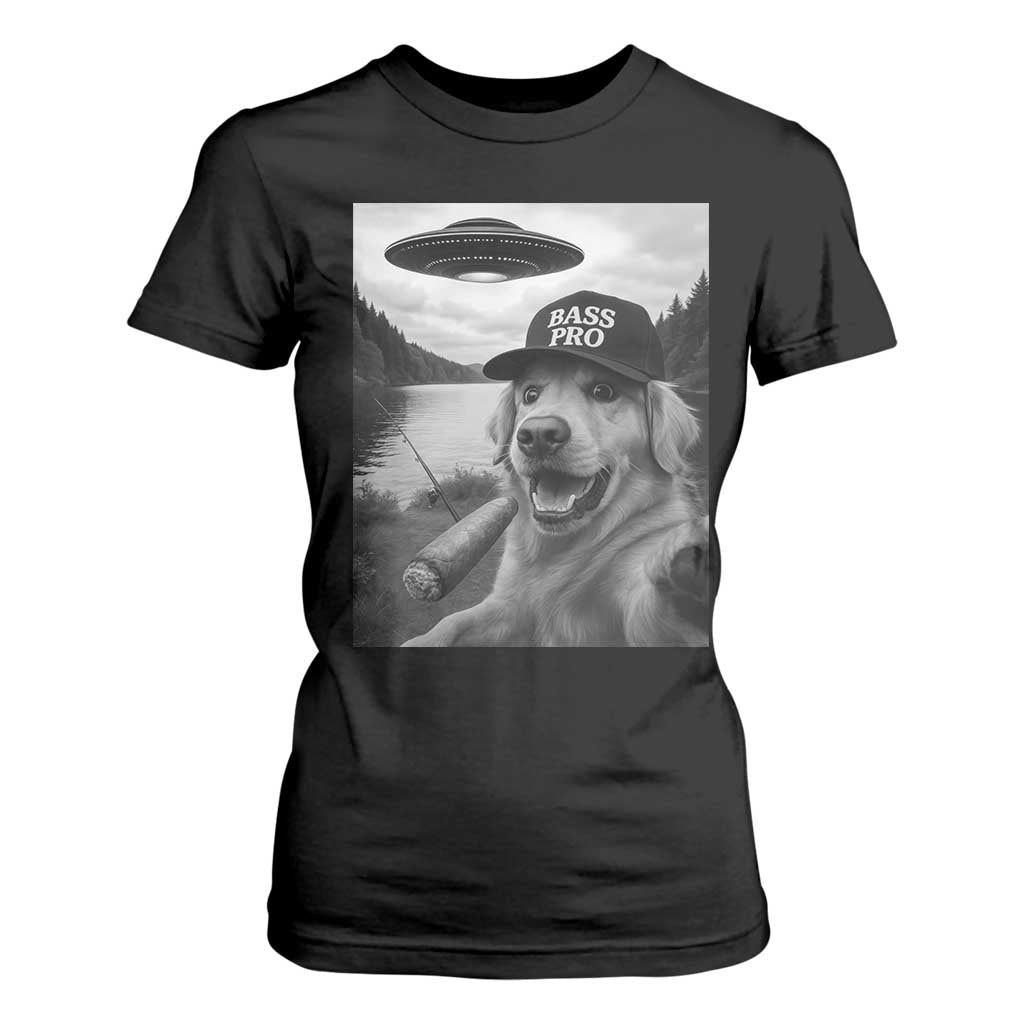 Dog Selfie With Alien UFO T Shirt For Women Funny Fishing Golden Retriever Smoking Dog Lover TS10 Black Print Your Wear