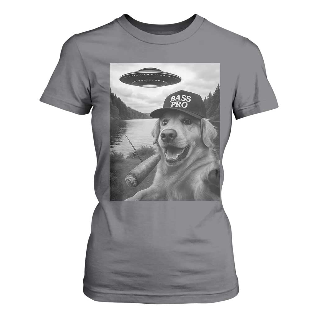 Dog Selfie With Alien UFO T Shirt For Women Funny Fishing Golden Retriever Smoking Dog Lover TS10 Charcoal Print Your Wear