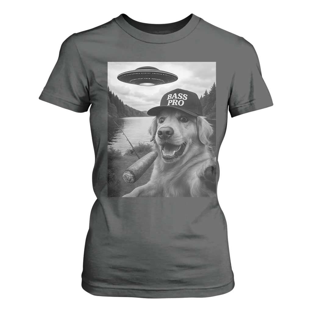 Dog Selfie With Alien UFO T Shirt For Women Funny Fishing Golden Retriever Smoking Dog Lover TS10 Dark Heather Print Your Wear