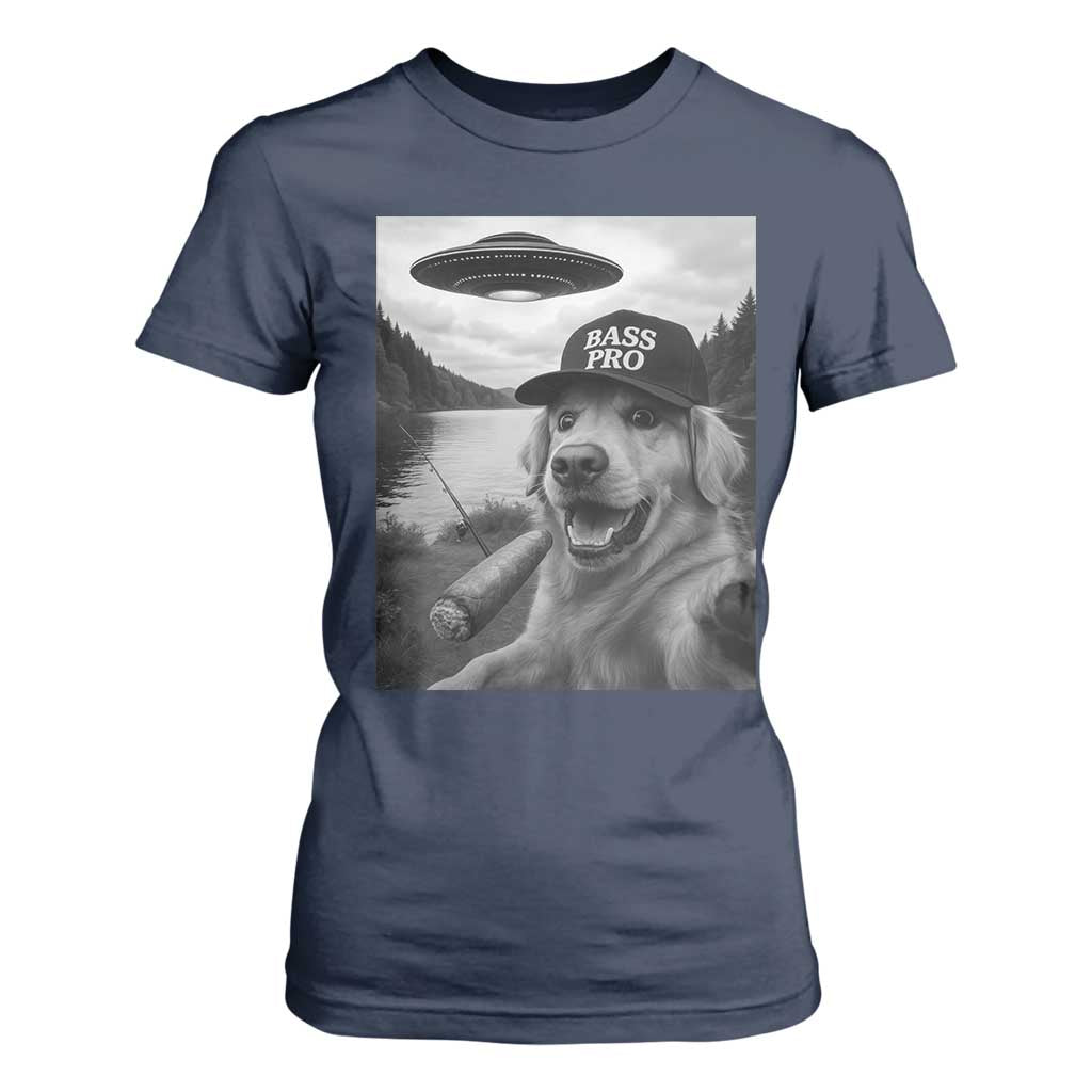 Dog Selfie With Alien UFO T Shirt For Women Funny Fishing Golden Retriever Smoking Dog Lover TS10 Navy Print Your Wear