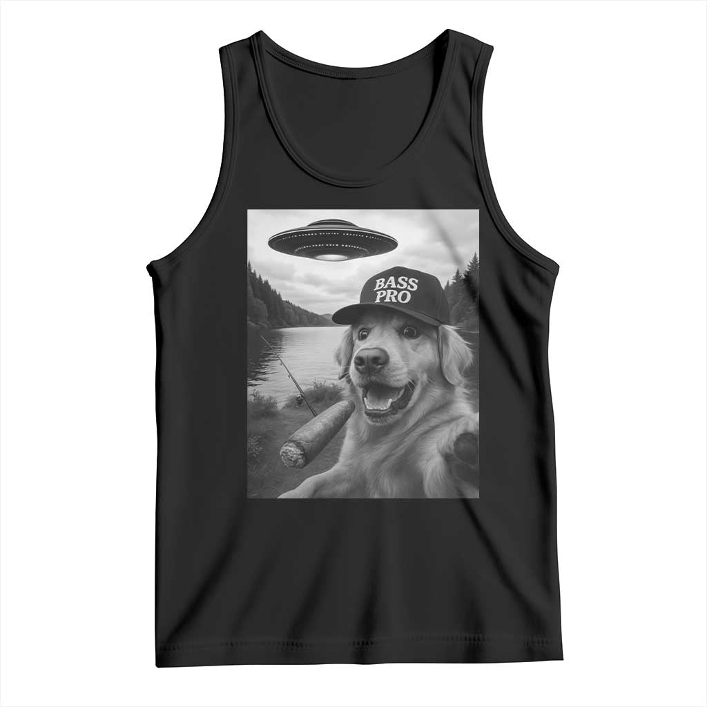 Dog Selfie With Alien UFO Tank Top Funny Fishing Golden Retriever Smoking Dog Lover TS10 Black Print Your Wear