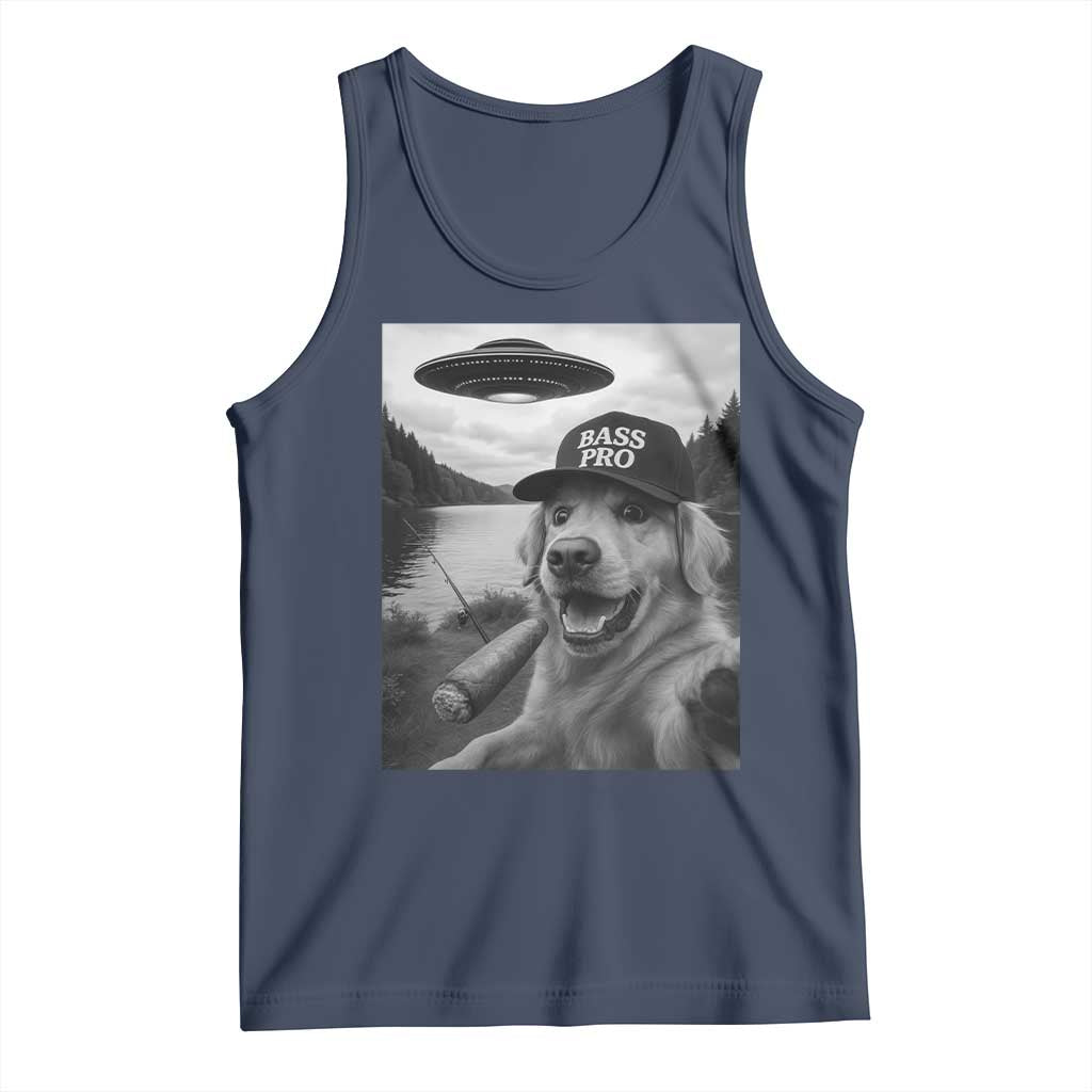 Dog Selfie With Alien UFO Tank Top Funny Fishing Golden Retriever Smoking Dog Lover TS10 Navy Print Your Wear