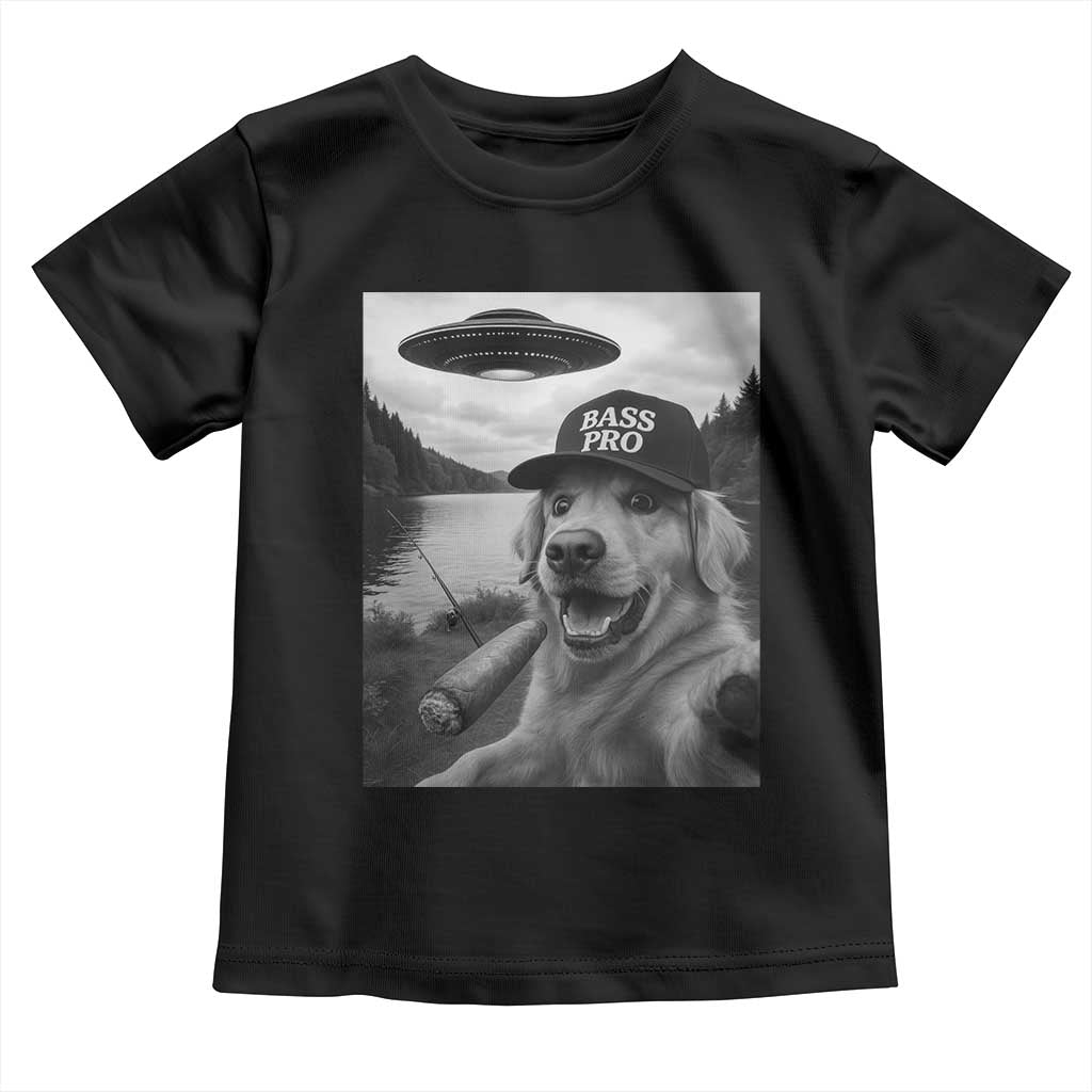 Dog Selfie With Alien UFO Toddler T Shirt Funny Fishing Golden Retriever Smoking Dog Lover TS10 Black Print Your Wear