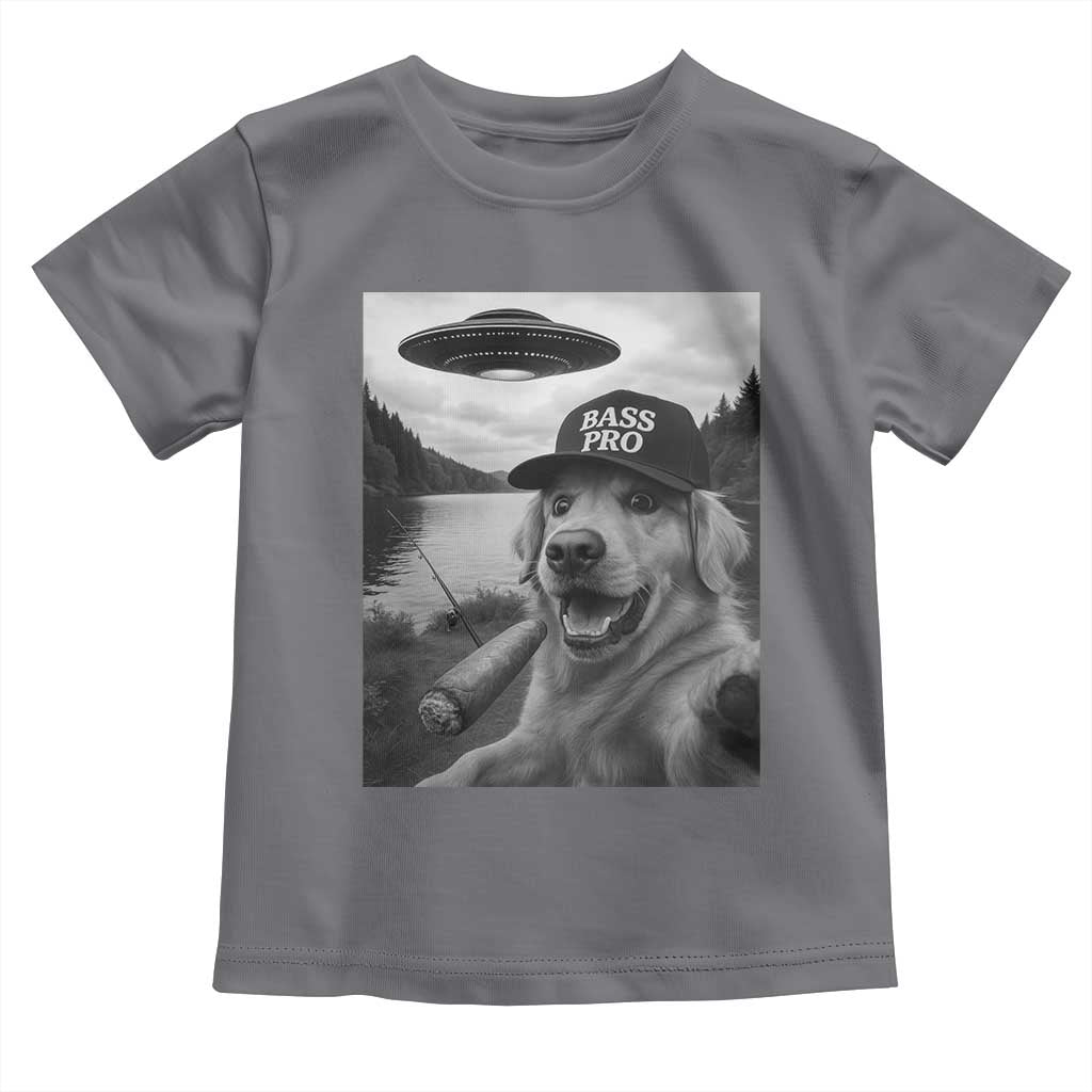 Dog Selfie With Alien UFO Toddler T Shirt Funny Fishing Golden Retriever Smoking Dog Lover TS10 Charcoal Print Your Wear