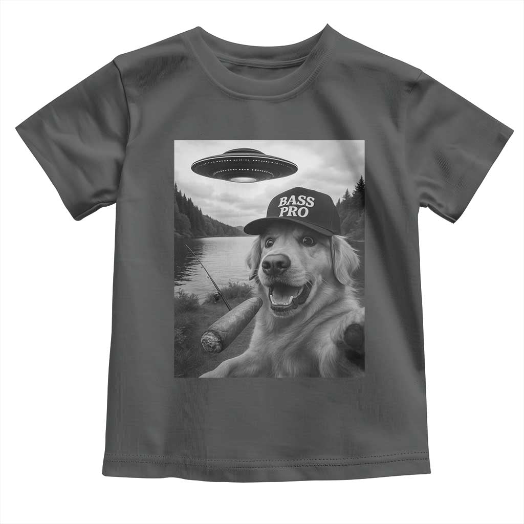 Dog Selfie With Alien UFO Toddler T Shirt Funny Fishing Golden Retriever Smoking Dog Lover TS10 Dark Heather Print Your Wear