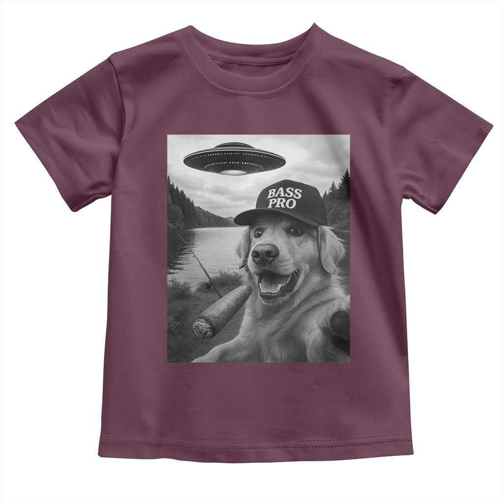 Dog Selfie With Alien UFO Toddler T Shirt Funny Fishing Golden Retriever Smoking Dog Lover TS10 Maroon Print Your Wear