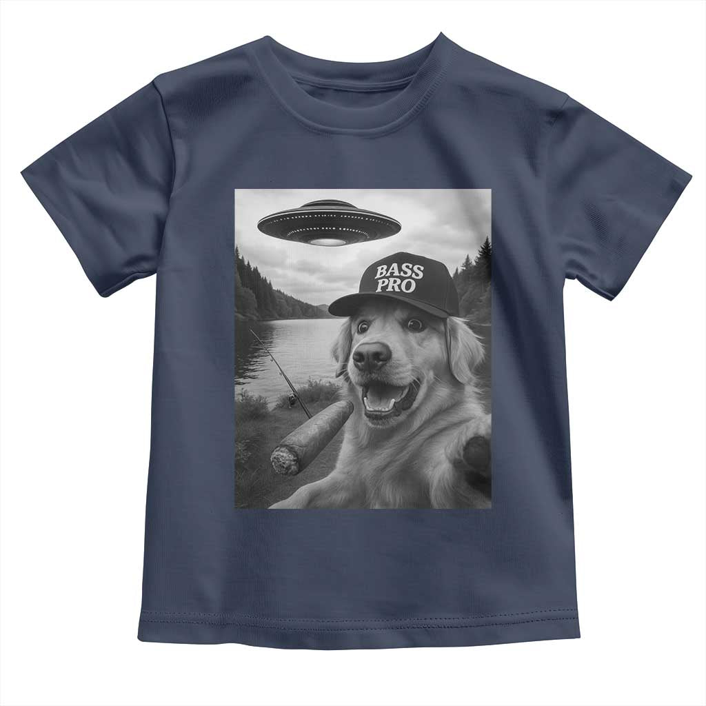 Dog Selfie With Alien UFO Toddler T Shirt Funny Fishing Golden Retriever Smoking Dog Lover TS10 Navy Print Your Wear