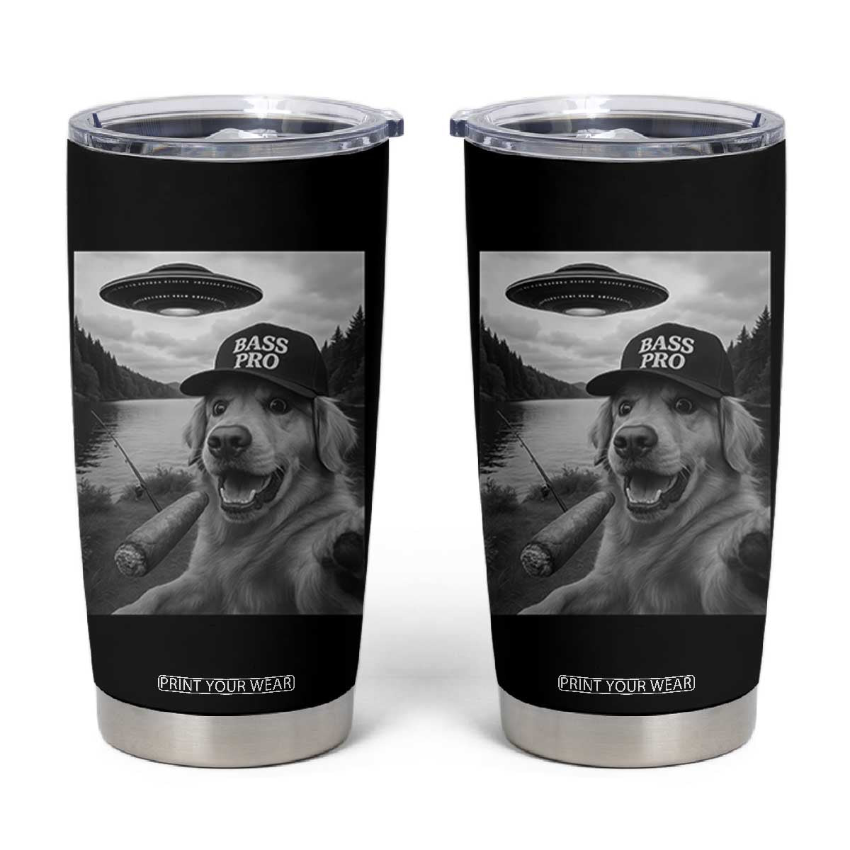 Dog Selfie With Alien UFO Tumbler Cup Funny Fishing Golden Retriever Smoking Dog Lover TS10 Black Print Your Wear
