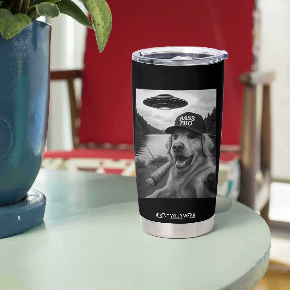 Dog Selfie With Alien UFO Tumbler Cup Funny Fishing Golden Retriever Smoking Dog Lover TS10 Print Your Wear