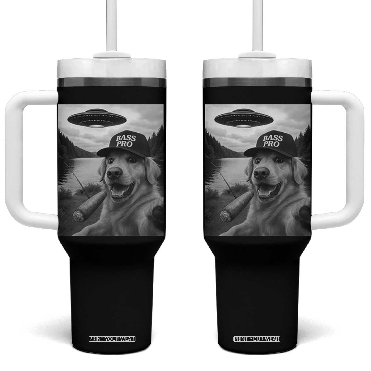 Dog Selfie With Alien UFO Tumbler With Handle Funny Fishing Golden Retriever Smoking Dog Lover TS10 One Size: 40 oz Black Print Your Wear