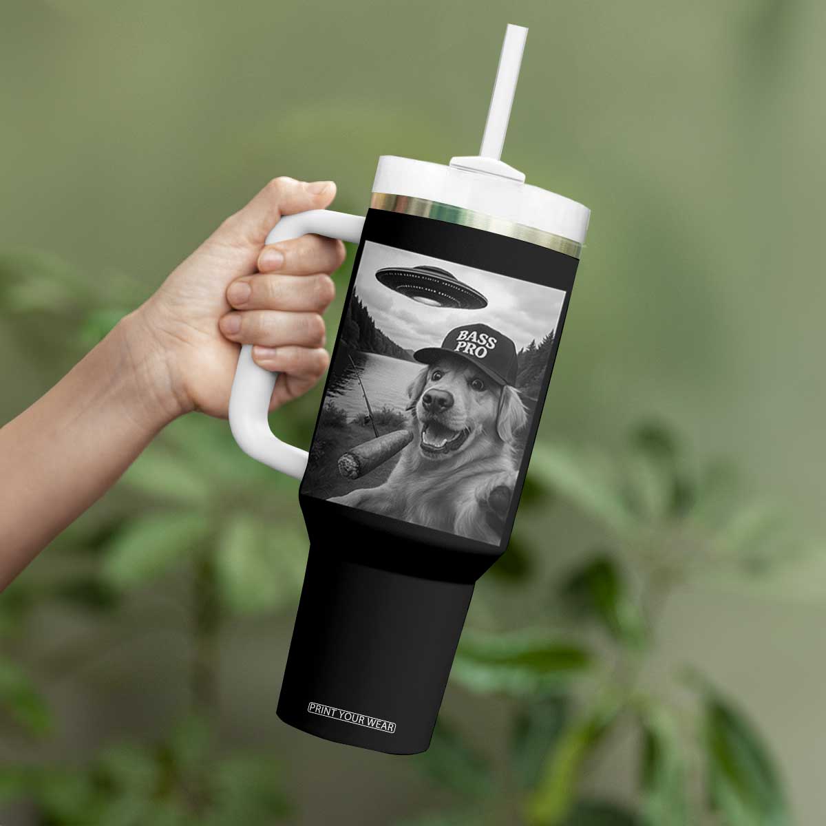 Dog Selfie With Alien UFO Tumbler With Handle Funny Fishing Golden Retriever Smoking Dog Lover TS10 Print Your Wear