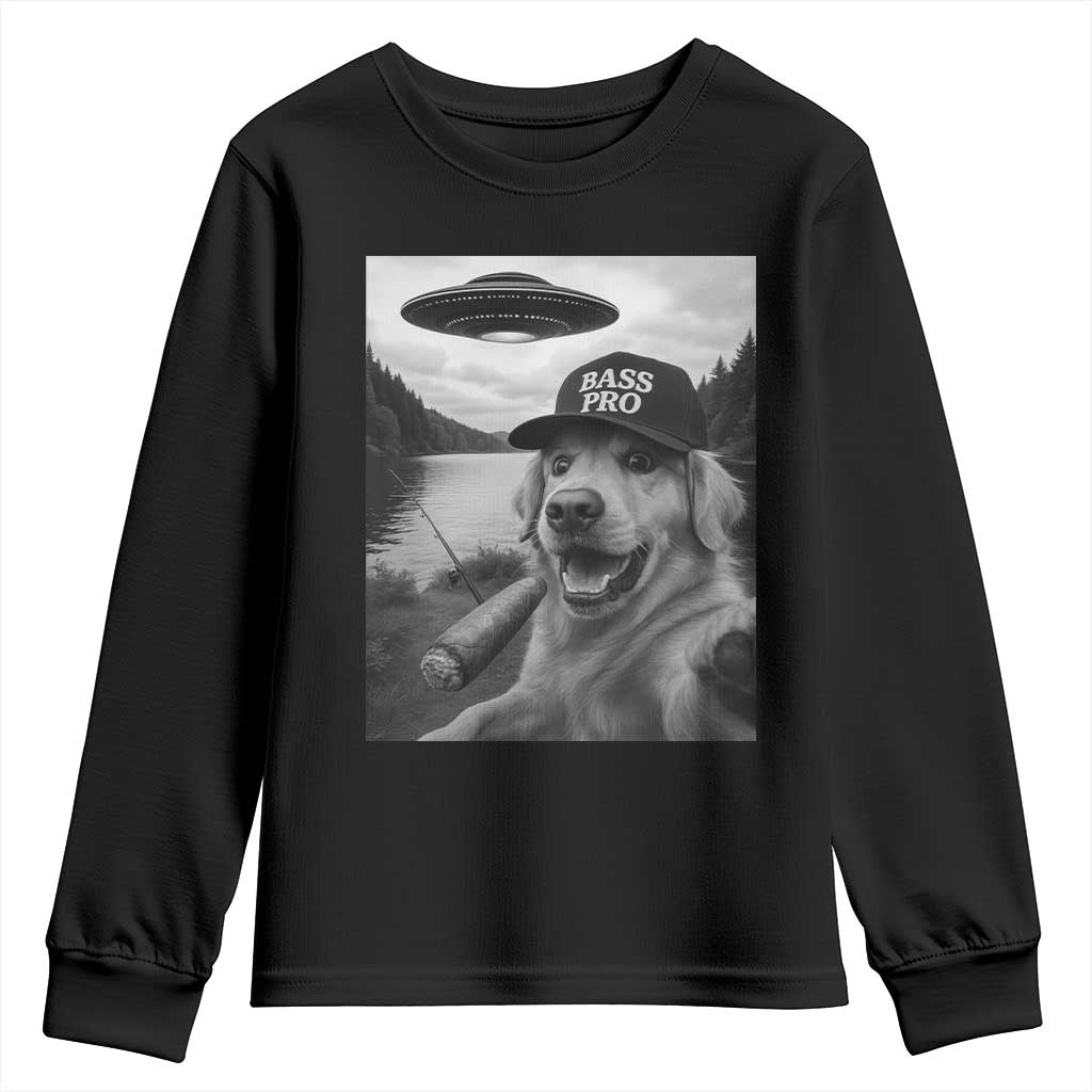 Dog Selfie With Alien UFO Youth Sweatshirt Funny Fishing Golden Retriever Smoking Dog Lover TS10 Black Print Your Wear