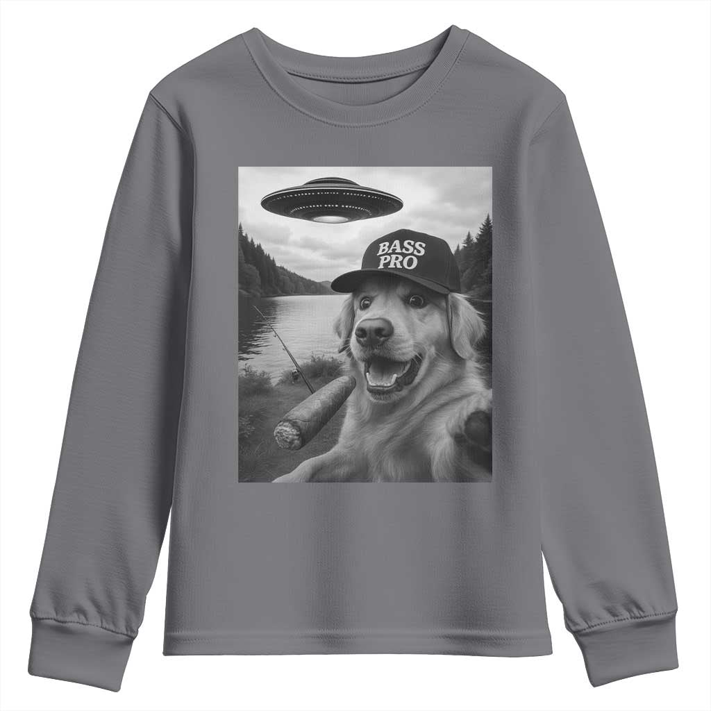 Dog Selfie With Alien UFO Youth Sweatshirt Funny Fishing Golden Retriever Smoking Dog Lover TS10 Charcoal Print Your Wear