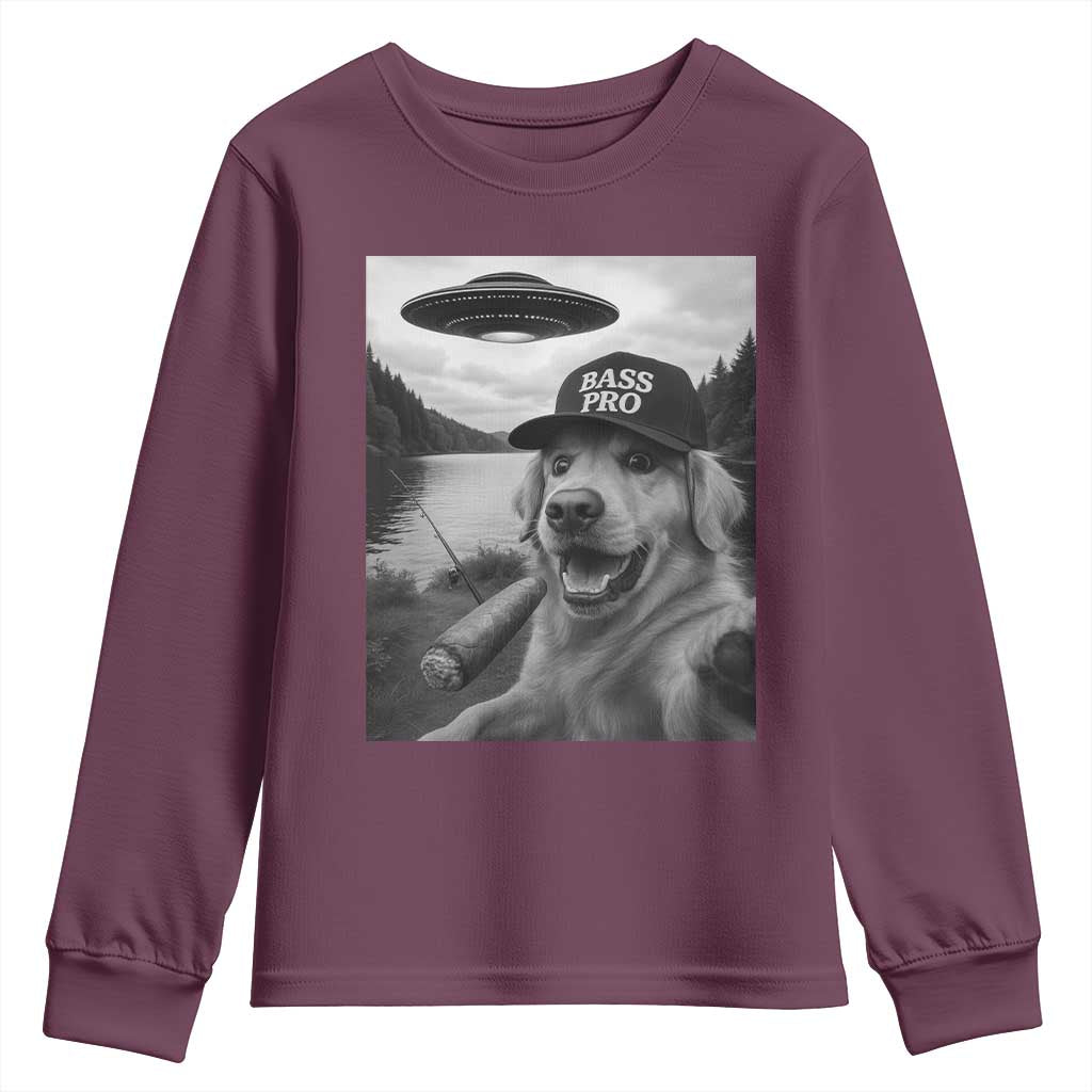 Dog Selfie With Alien UFO Youth Sweatshirt Funny Fishing Golden Retriever Smoking Dog Lover TS10 Maroon Print Your Wear