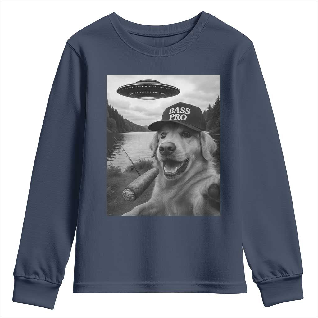 Dog Selfie With Alien UFO Youth Sweatshirt Funny Fishing Golden Retriever Smoking Dog Lover TS10 Navy Print Your Wear