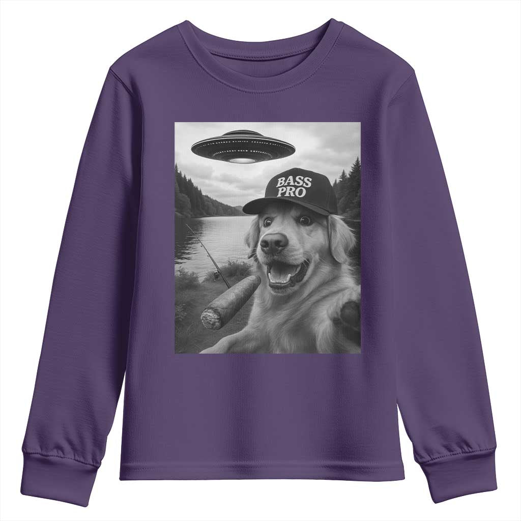 Dog Selfie With Alien UFO Youth Sweatshirt Funny Fishing Golden Retriever Smoking Dog Lover TS10 Purple Print Your Wear