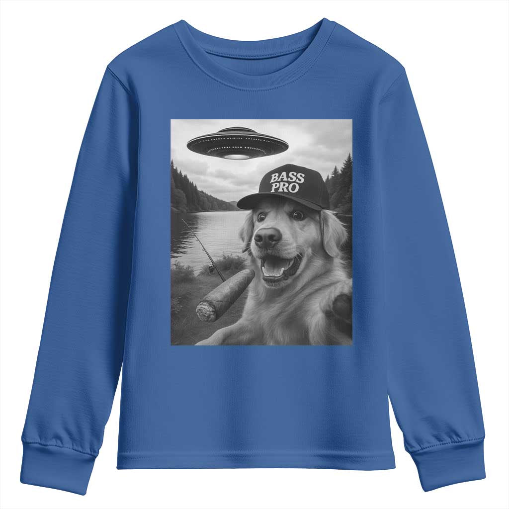 Dog Selfie With Alien UFO Youth Sweatshirt Funny Fishing Golden Retriever Smoking Dog Lover TS10 Royal Blue Print Your Wear