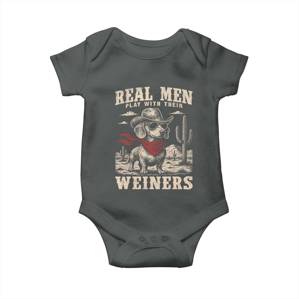 Funny Dachshund Cowboy Baby Onesie Real Men Play With Their Weiners TS10 Dark Heather Print Your Wear