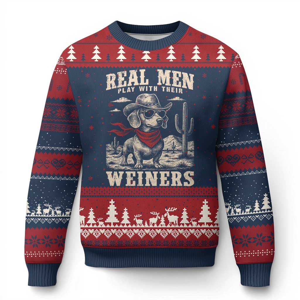 Funny Dachshund Cowboy Ugly Christmas Sweater Real Men Play With Their Weiners TS10 Navy Red Print Your Wear