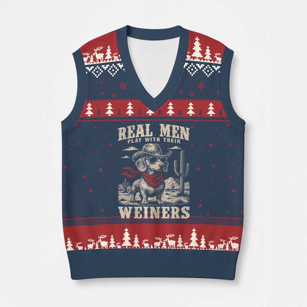 Funny Dachshund Cowboy V-Neck Knit Sweater Vest Real Men Play With Their Weiners TS10 Navy Red Print Your Wear