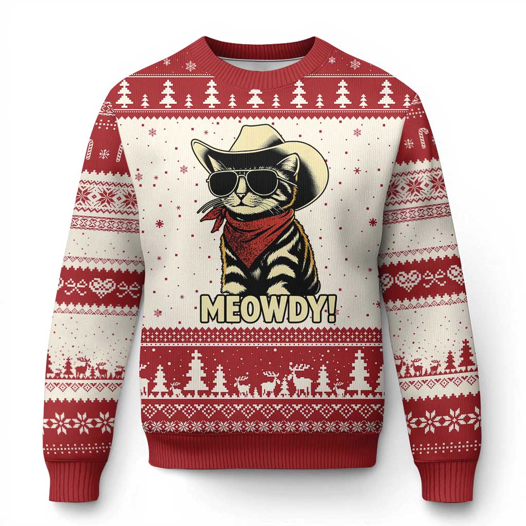 Vintage Cowboy Cat Ugly Christmas Sweater Retro 90s Western Country Rodeo Meowdy Partner TS10 Beige Red Print Your Wear