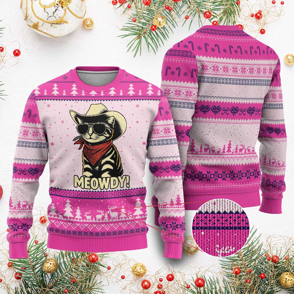 Vintage Cowboy Cat Ugly Christmas Sweater Retro 90s Western Country Rodeo Meowdy Partner TS10 Hot Pink Print Your Wear