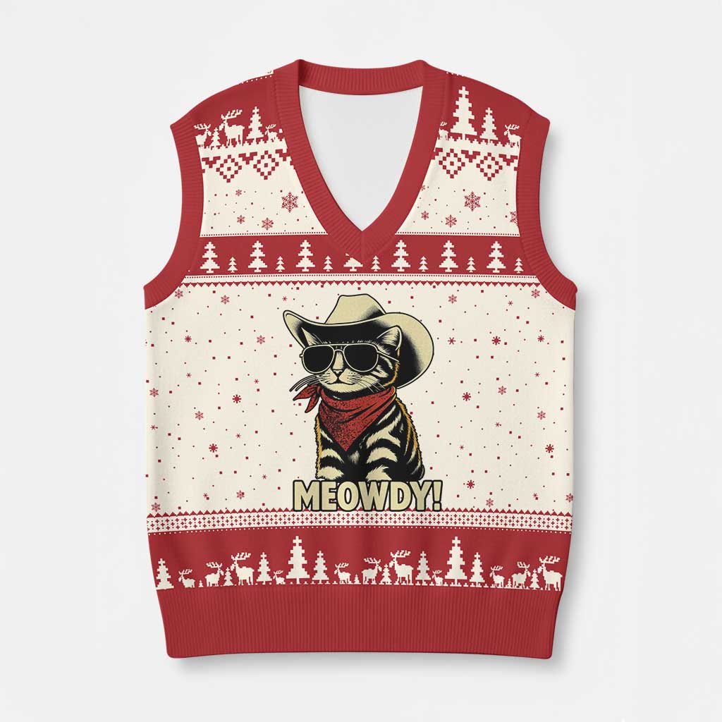 Vintage Cowboy Cat V-Neck Knit Sweater Vest Retro 90s Western Country Rodeo Meowdy Partner TS10 Beige Red Print Your Wear
