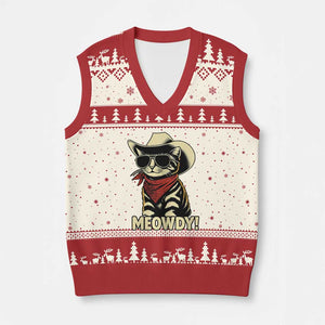 Vintage Cowboy Cat V-Neck Knit Sweater Vest Retro 90s Western Country Rodeo Meowdy Partner TS10 Beige Red Print Your Wear