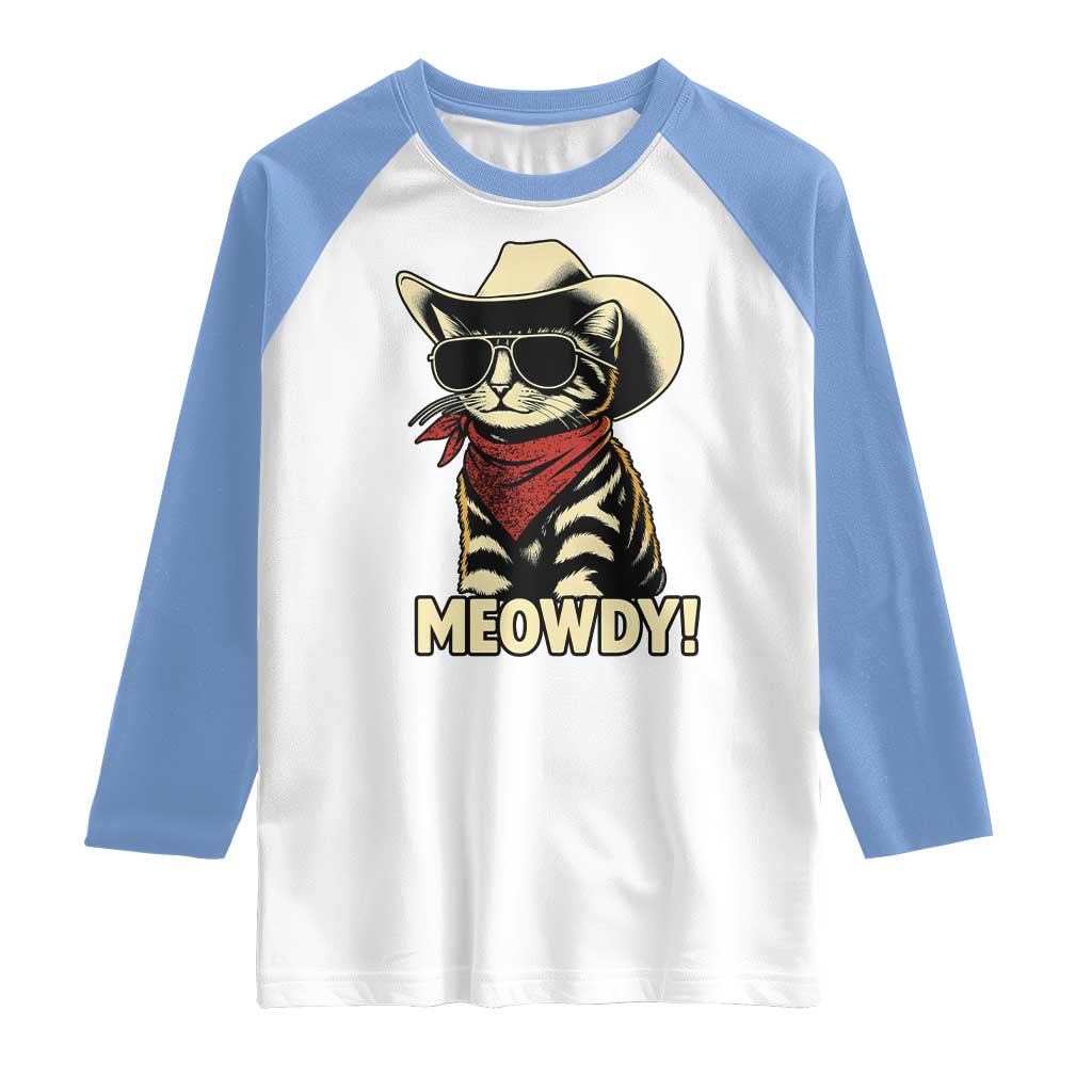 Vintage Cowboy Cat Raglan Shirt Retro 90s Western Country Rodeo Meowdy Partner TS10 White Carolina Blue Print Your Wear