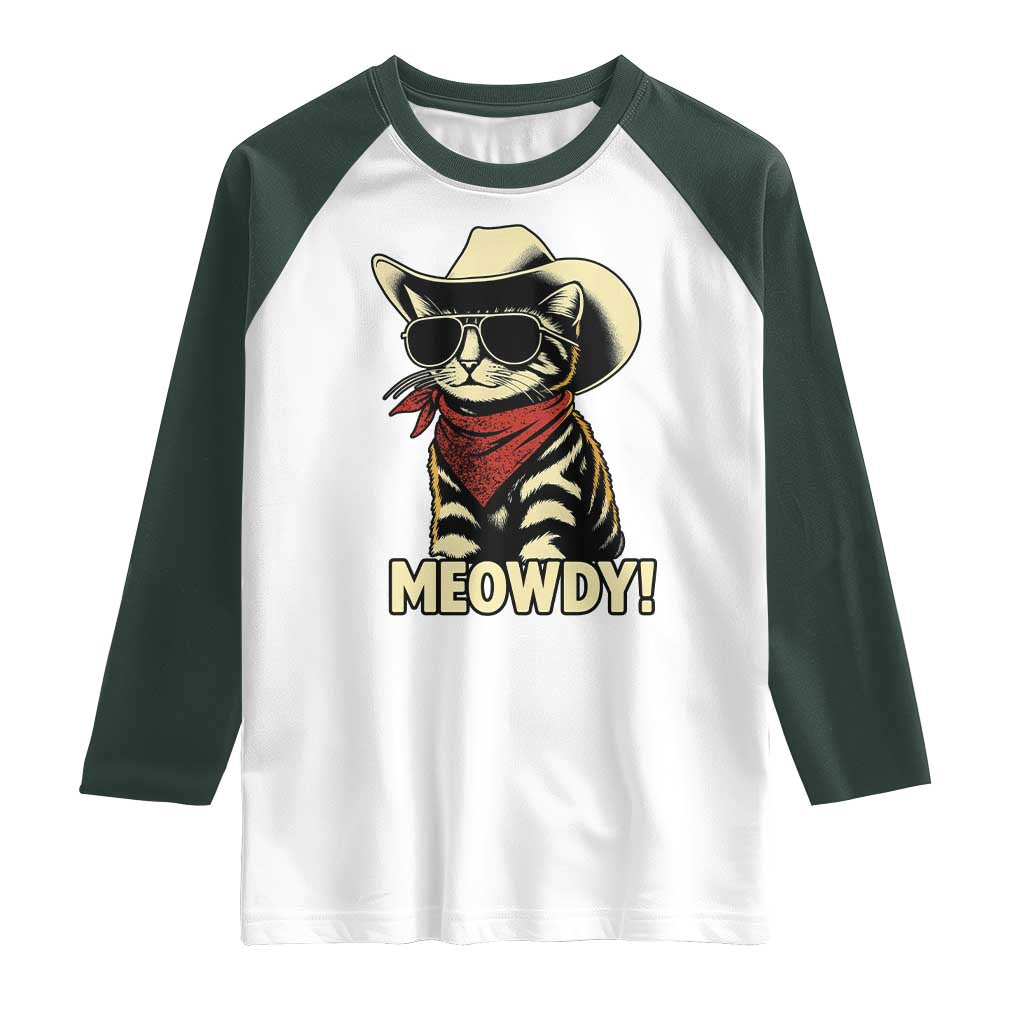 Vintage Cowboy Cat Raglan Shirt Retro 90s Western Country Rodeo Meowdy Partner TS10 White Dark Forest Green Print Your Wear
