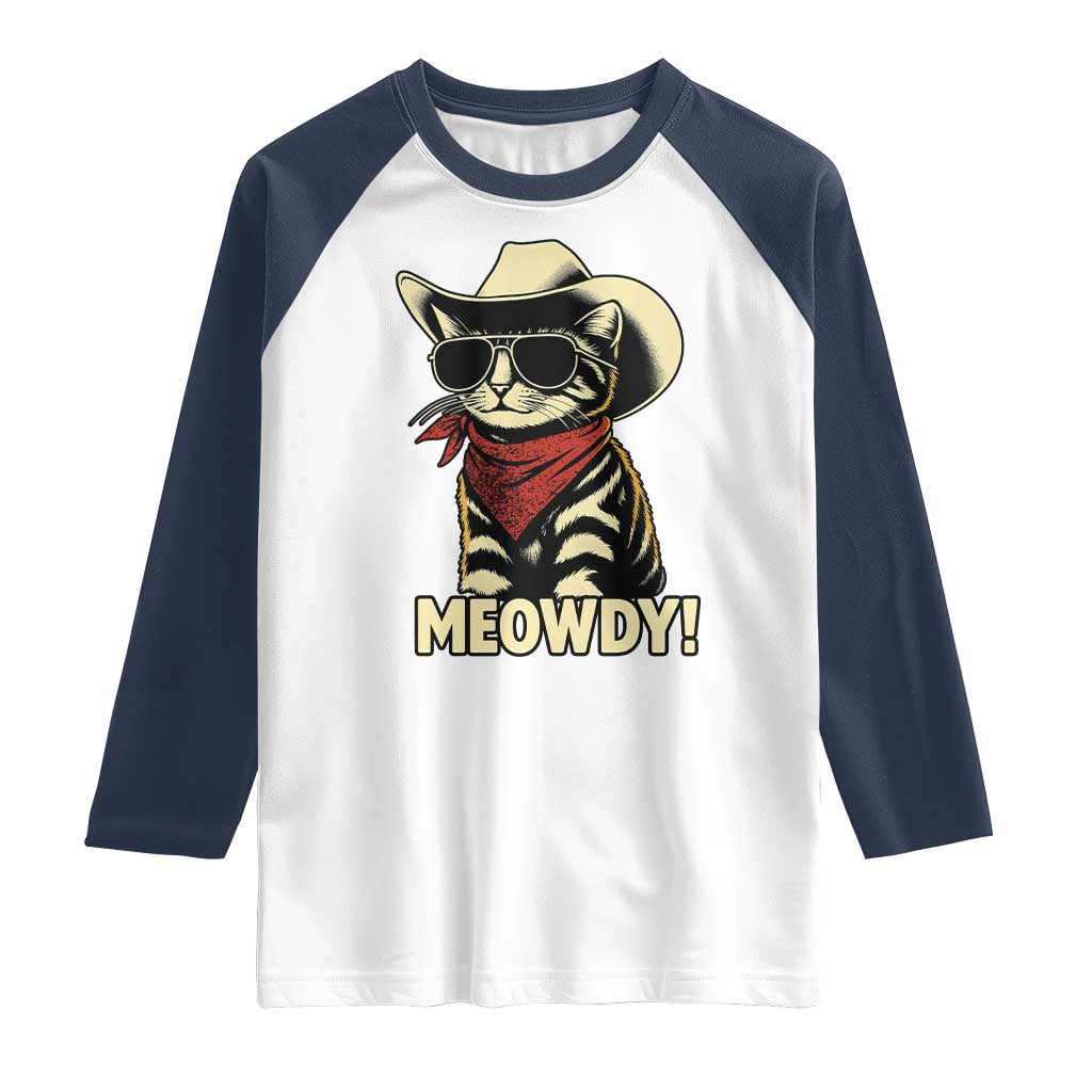 Vintage Cowboy Cat Raglan Shirt Retro 90s Western Country Rodeo Meowdy Partner TS10 White Navy Print Your Wear