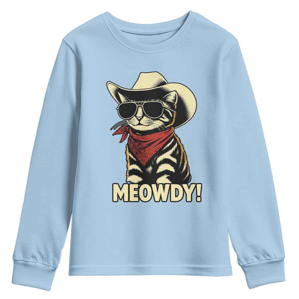 Vintage Cowboy Cat Youth Sweatshirt Retro 90s Western Country Rodeo Meowdy Partner TS10 Light Blue Print Your Wear