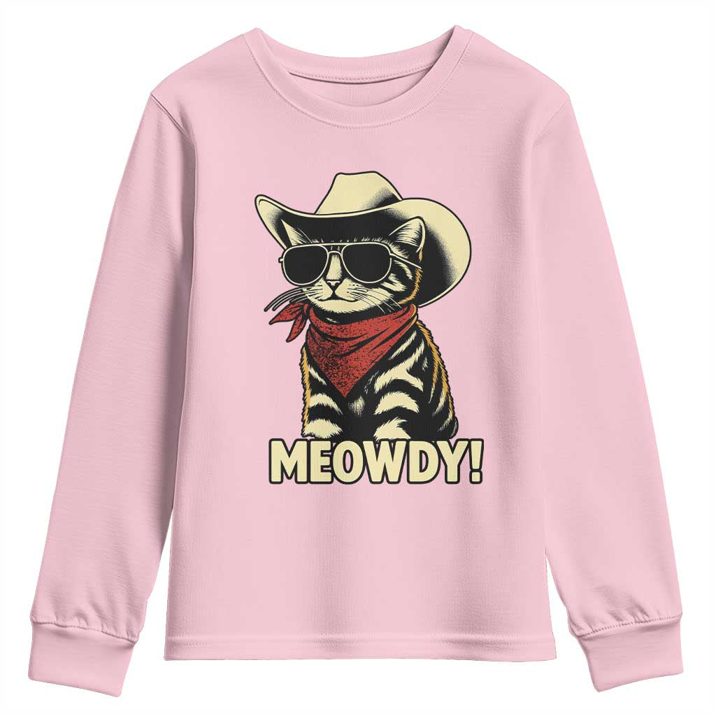 Vintage Cowboy Cat Youth Sweatshirt Retro 90s Western Country Rodeo Meowdy Partner TS10 Light Pink Print Your Wear
