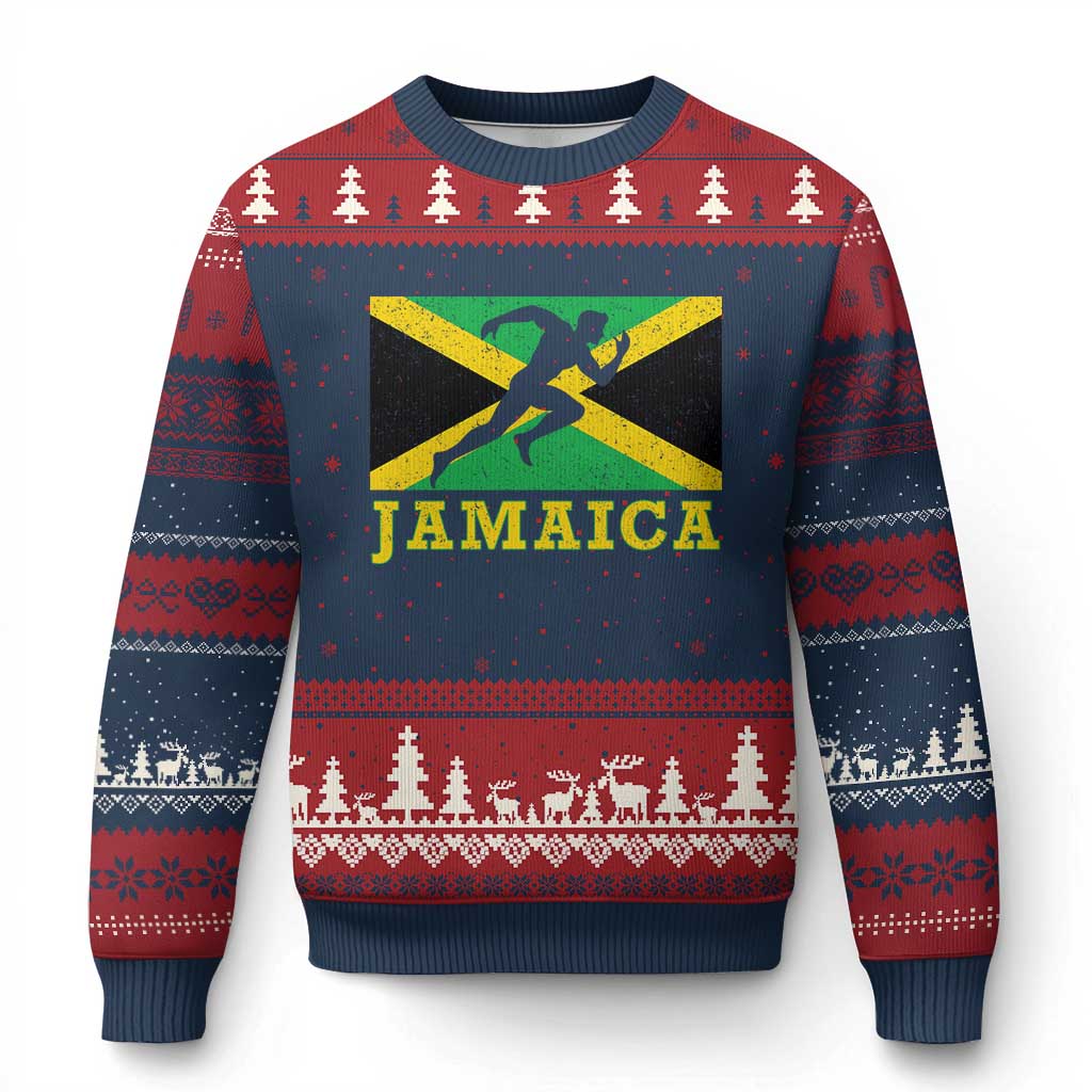 Jamaican Flag Track And Field Ugly Christmas Sweater Retro Vintage Jamaica Runner Track Team TS10 Navy Red Print Your Wear