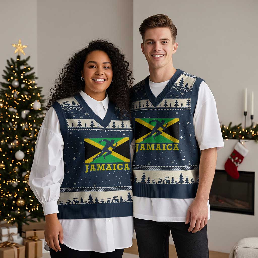 Jamaican Flag Track And Field V-Neck Knit Sweater Vest Retro Vintage Jamaica Runner Track Team TS10 Navy Beige Print Your Wear