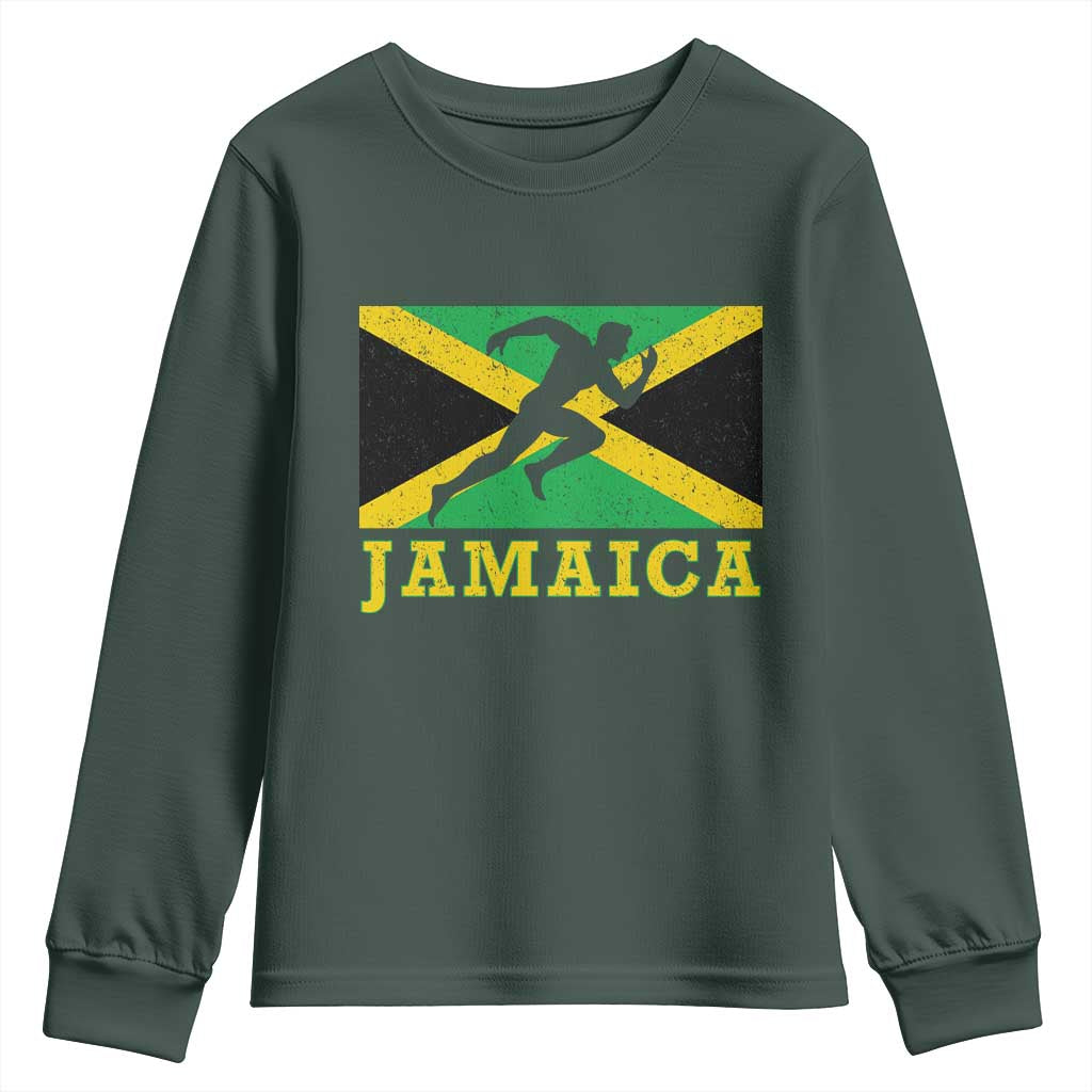 Jamaican Flag Track And Field Youth Sweatshirt Retro Vintage Jamaica Runner Track Team TS10 Dark Forest Green Print Your Wear