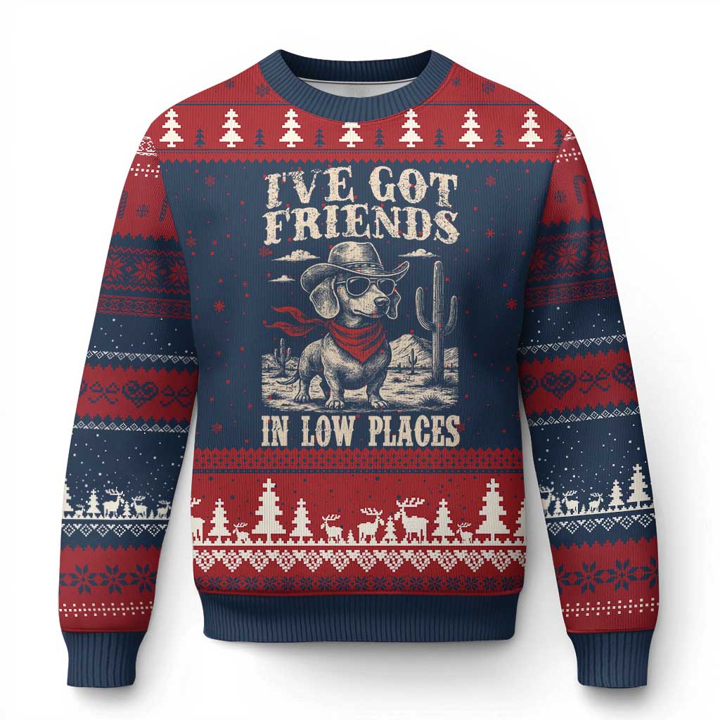Funny Dachshund Cowboy Ugly Christmas Sweater Ive Got Friends In Low Places TS10 Navy Red Print Your Wear