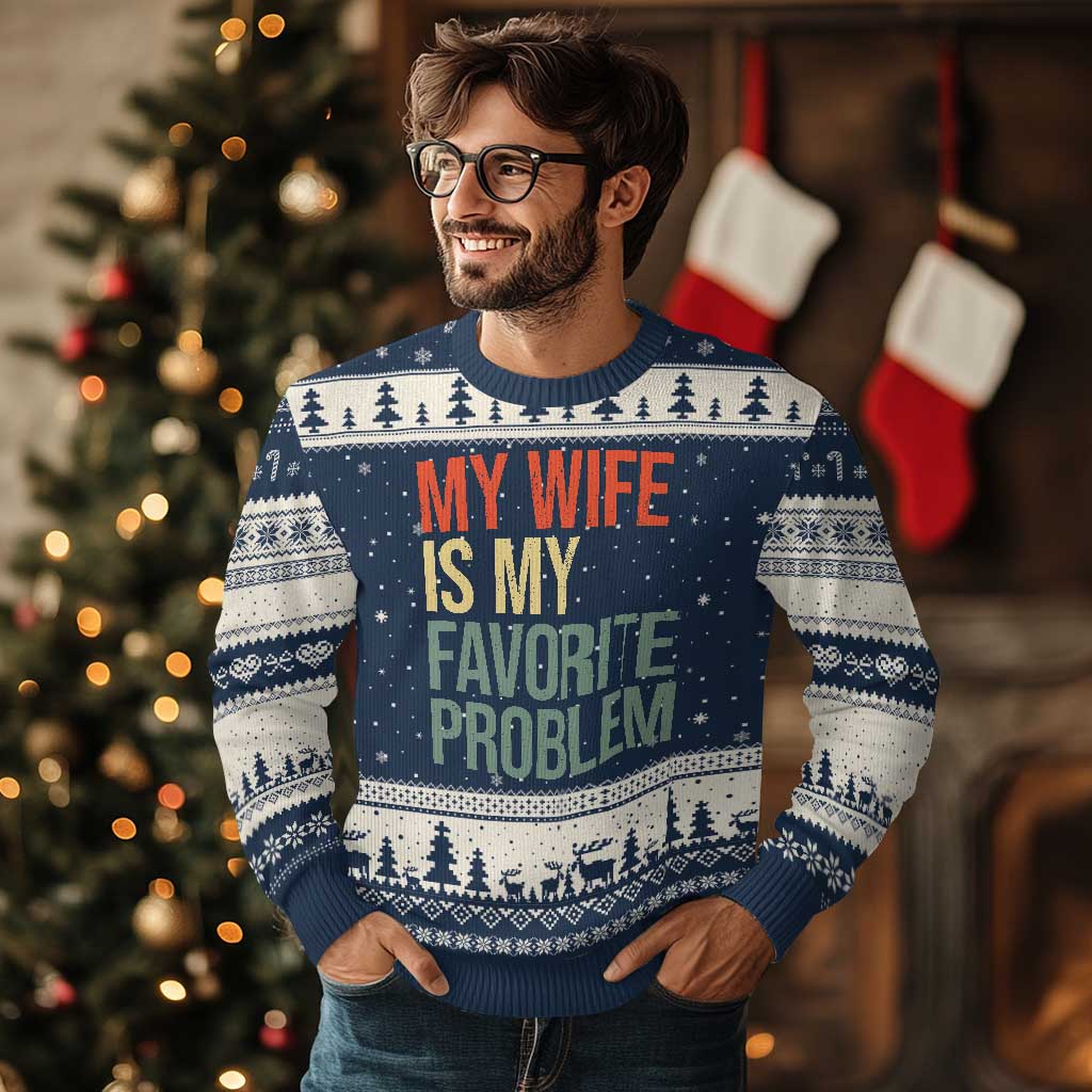 My Wife Is My Favorite Problem Funny Ugly Christmas Sweater Retro 70s Husband Graphic