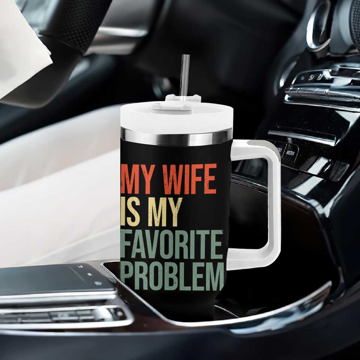 My Wife Is My Favorite Problem Funny Tumbler With Handle Retro 70s Husband Graphic