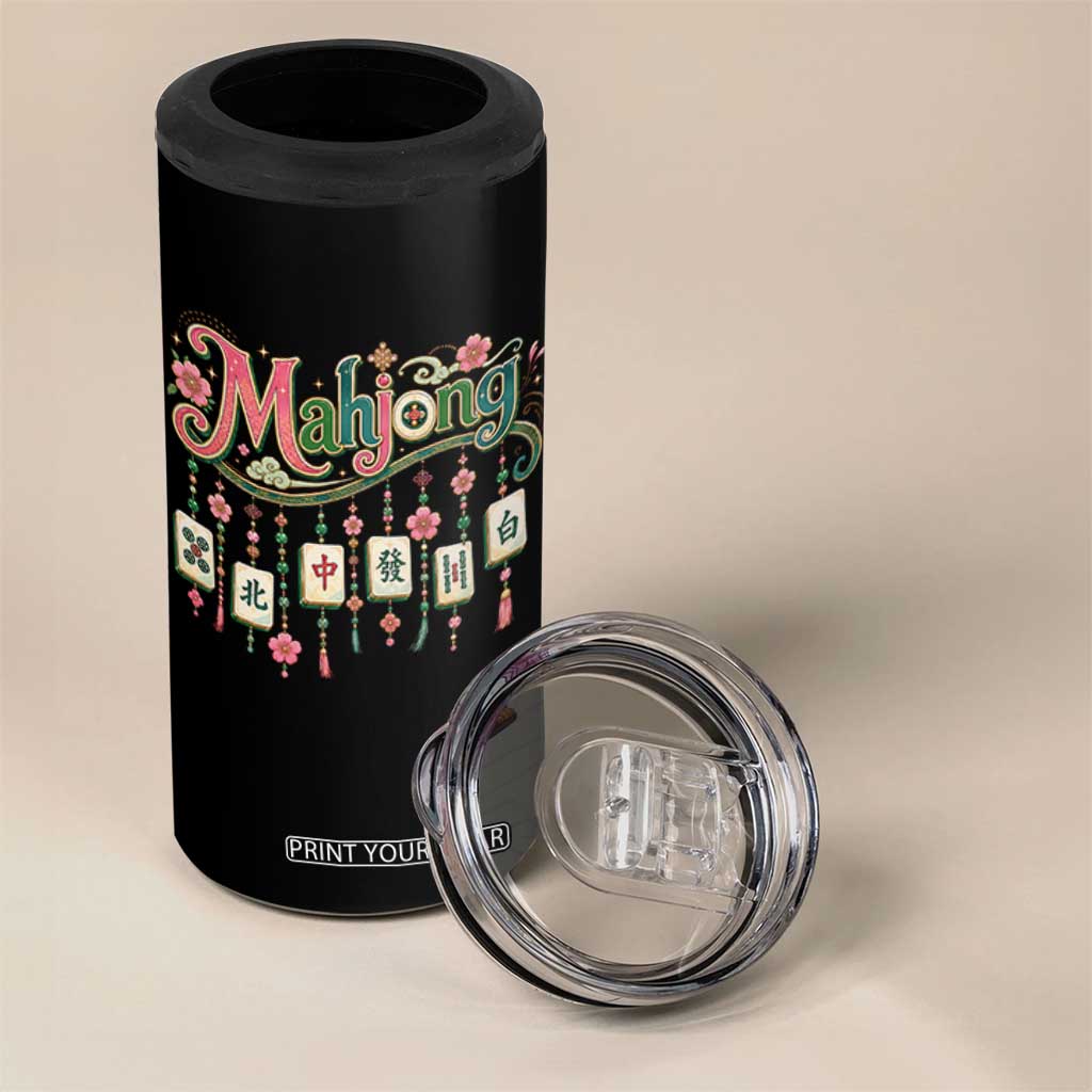 Funny Mahjong Lovers 4 in 1 Can Cooler Tumbler Funny Mahjong Lovers Chinese Game Floral Vintage Aesthetic Graphic