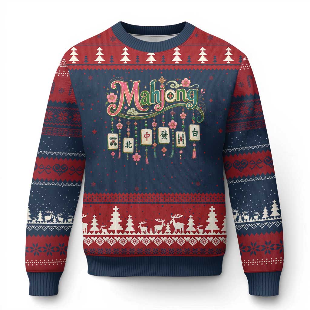 Funny Mahjong Lovers Ugly Christmas Sweater Funny Mahjong Lovers Chinese Game Floral Vintage Aesthetic Graphic