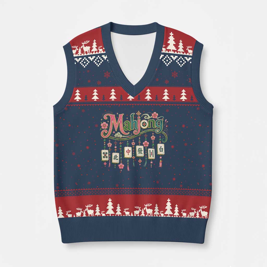 Funny Mahjong Lovers V-Neck Knit Sweater Vest Funny Mahjong Lovers Chinese Game Floral Vintage Aesthetic Graphic