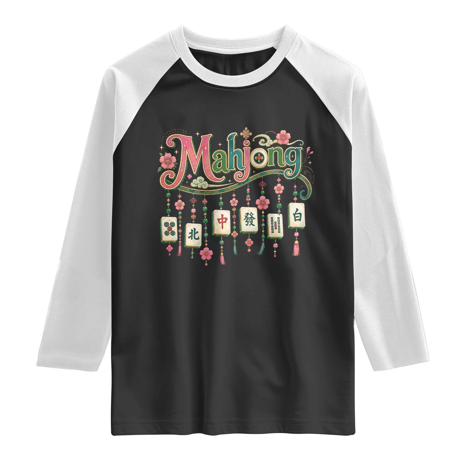 Funny Mahjong Lovers Raglan Shirt Funny Mahjong Lovers Chinese Game Floral Vintage Aesthetic Graphic TS10 Black White Print Your Wear