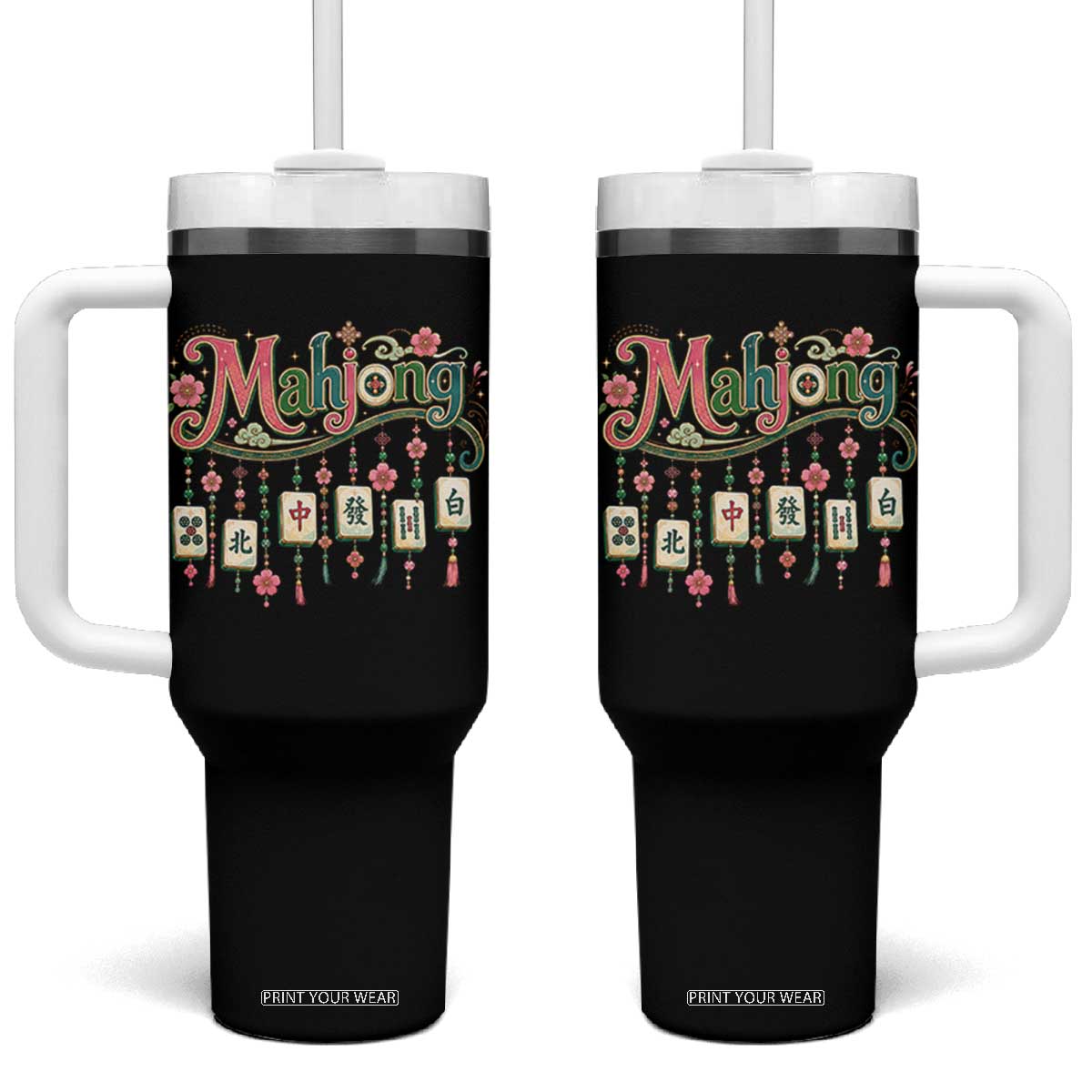 Funny Mahjong Lovers Tumbler With Handle Funny Mahjong Lovers Chinese Game Floral Vintage Aesthetic Graphic