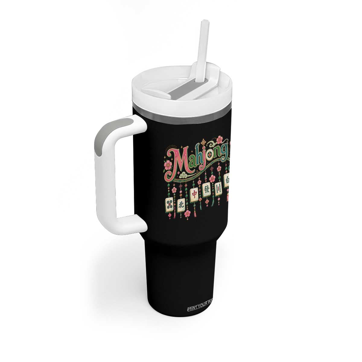 Funny Mahjong Lovers Tumbler With Handle Funny Mahjong Lovers Chinese Game Floral Vintage Aesthetic Graphic