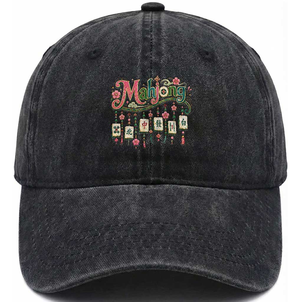 Funny Mahjong Lovers Washed Cotton Baseball Cap Funny Mahjong Lovers Chinese Game Floral Vintage Aesthetic Graphic TS10 Print Your Wear