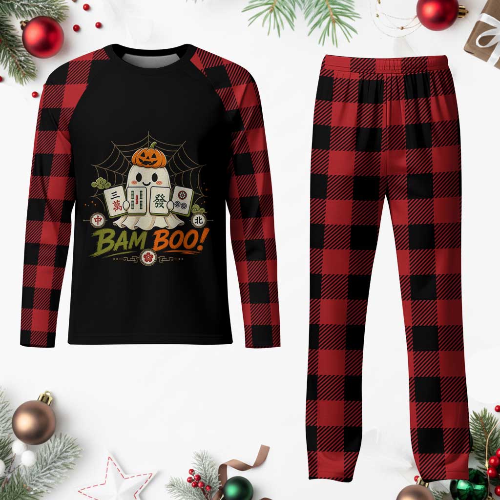 Halloween Ghost Playing Mahjong Spooky Boo Funny Costume Plaid Pajama Set Mahjong Lover Gift