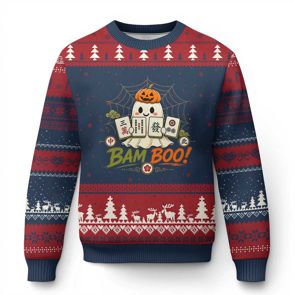 Halloween Ghost Playing Mahjong Spooky Boo Funny Costume Ugly Christmas Sweater Mahjong Lover Gift